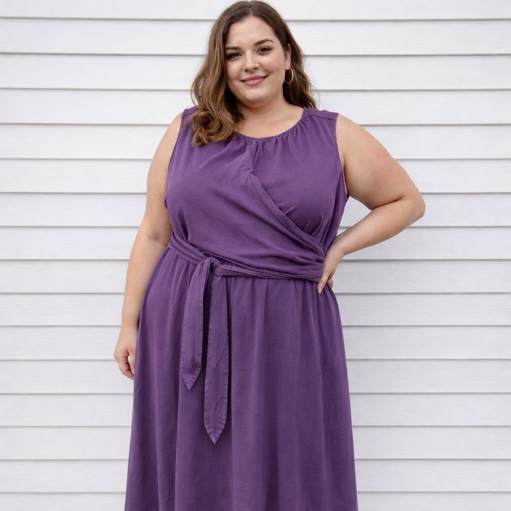 Eshakti Purple Cotton Wrap Front Maxi Dress Tie Waist Sleeveless Pockets XL